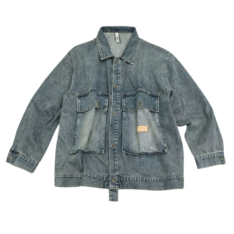 Unisex Jacket Retro Loose Washed-out Large Workwear with Pocket Denim Clothes Jacket