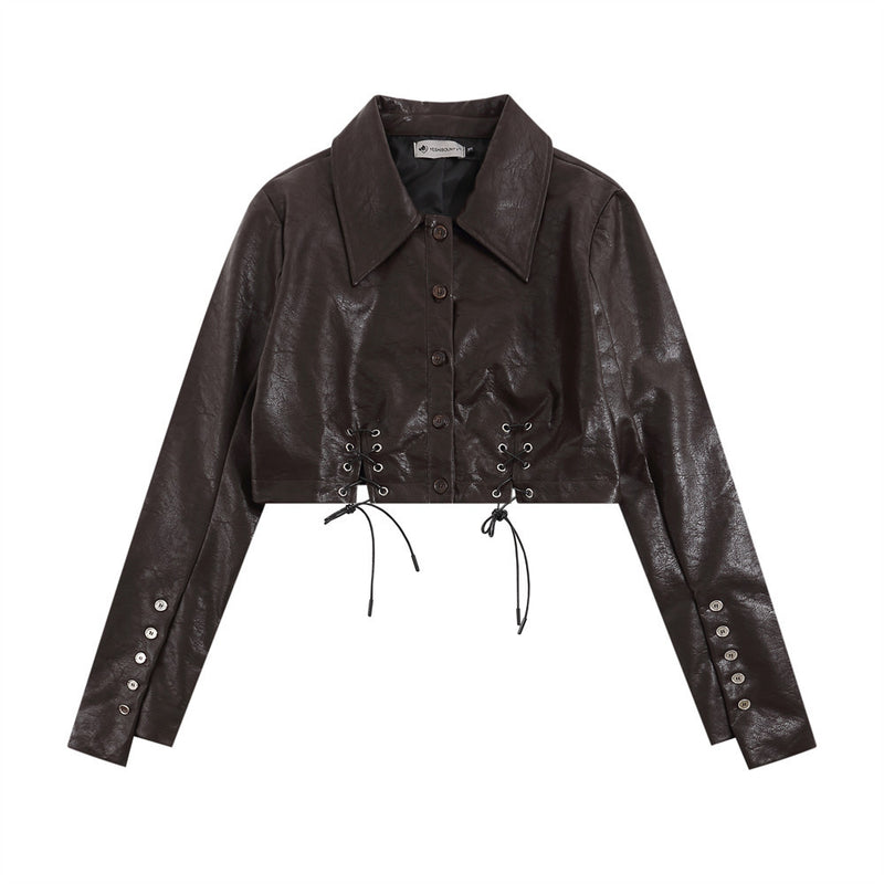 Women Jacket Drawstring Lace Short PU Leather Jacket Lapel Button Long Sleeve Solid Color Leather Jacket