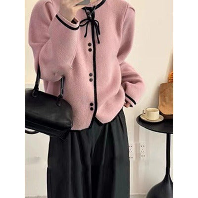 Women Knitted Cardigan Sweater Coat Female Autumn Loose Knitted Cardigan Bow Top