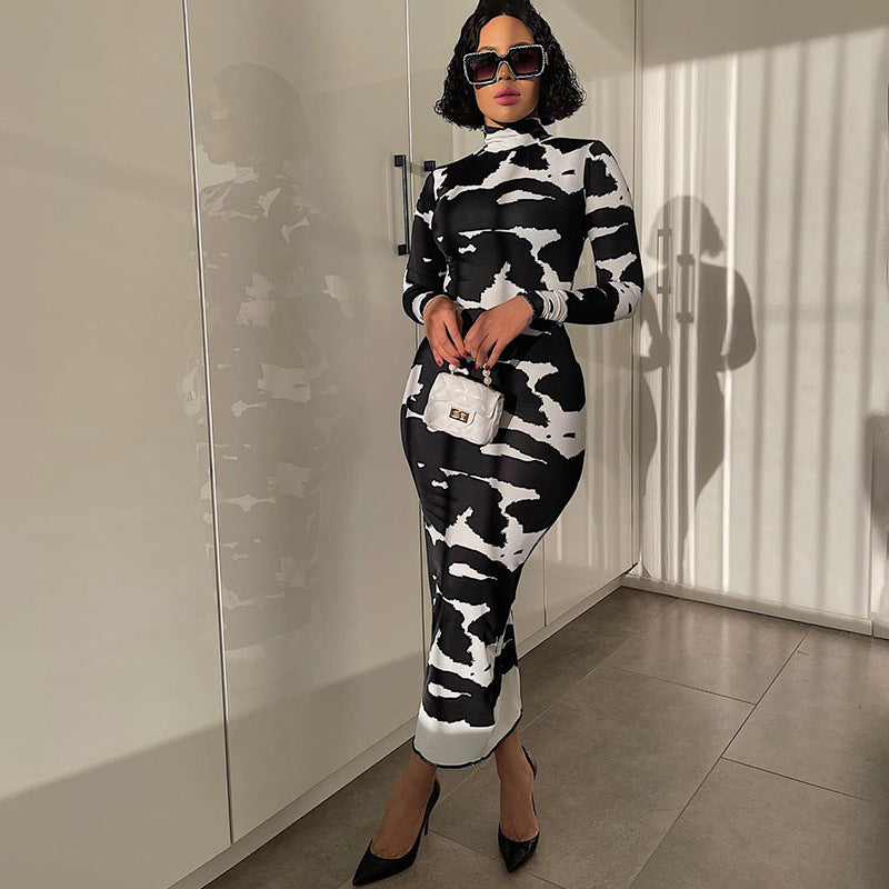 Women Dresses Spring Printed Turtleneck Long Sleeve Slim Fit Dress
