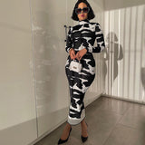 Women Dresses Spring Printed Turtleneck Long Sleeve Slim Fit Dress