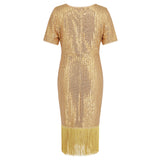 Women Date Dress round Neck Vintage Sequined Tassel Evening Dress
