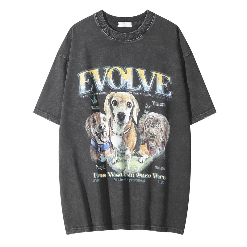 Men Vintage T-Shirt Printed Short-Sleeved T-shirt Men's Worn Looking Washed-out Casual