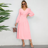 Women Date Dress Autumn and Winter V-neck Bubble Long Sleeve Dress