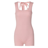 Women Jumpsuit Summer Backless Slim Fit Lace up Short-Sleeved Jumpsuit