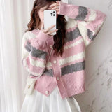 Women Knitwear Autumn and Winter Striped round Neck Sweater Loose Knitted Cardigan