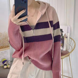 Women Knitwear Spring and Autumn Zipper Hooded Sweater Loose Knitted Cardigan