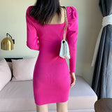 Women Maxi Dress Fall/Winter Square Collar Puff Sleeve Hip Knitwear Dress