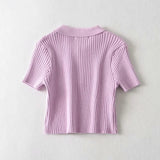 Women Sweater Knitwear Vintage Polo Lapel Single Breasted Thread Exposed Navel Knitted T-shirt