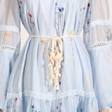 Women Dresses Spring Lantern Sleeve Embroidery Voile High Waist Dress (Qymy0409)