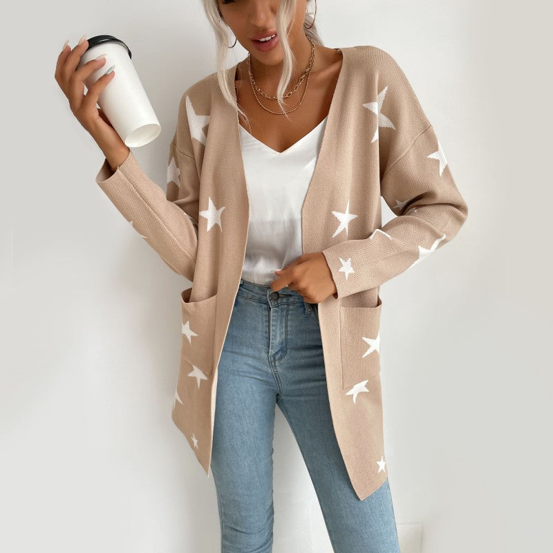 Women Knitted Sweater Autumn Five-Pointed Star Knitted Long Sleeve Sweater Coat