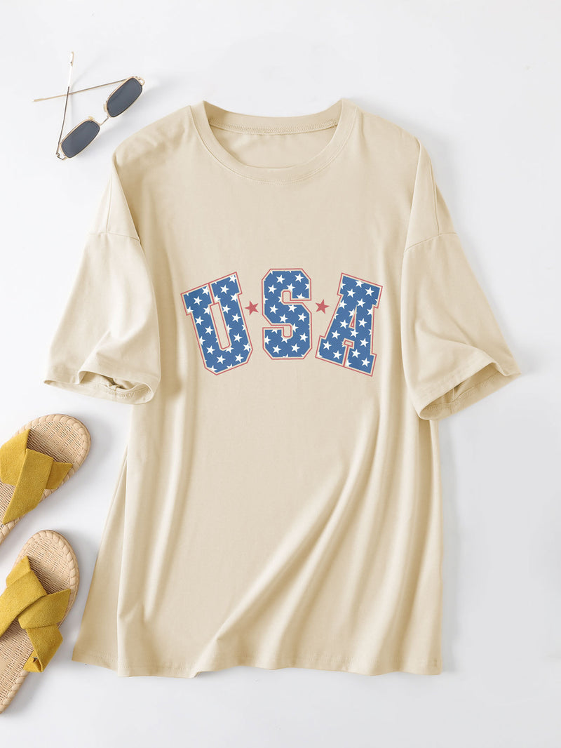 Crew neck short-sleeved usa printed T-shirt casual and loose