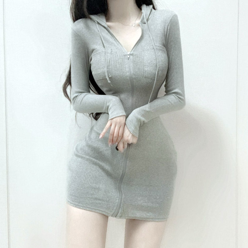 Women Dresses Sheath Sweater Dress Zipper Sexy V-neck