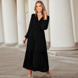 Women Date Dress Autumn and Winter V-neck Long Sleeve Pleated Dress