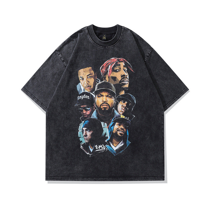 Men T Shirt Rap Portrait Printing Washed Distressed Short Sleeve T-shirt