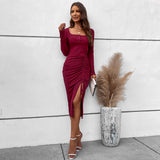 Women Dress Spring/Summer Square Collar Sheath Long Sleeve Dress