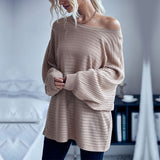 Women Knitted Sweater Autumn Crew Neck Mid-Length Loose Solid Color Batwing Sleeve Sweater
