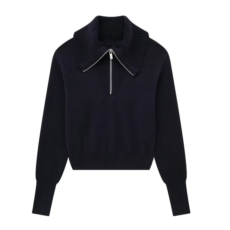 Women Sweater Knit Wear Zipper Wide Collar Casual Top Sweater