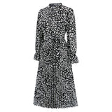 Women Date Dress Leopard Print Stud for Autumn and Winter Stand Collar Long Sleeve Dress Pleated Dress