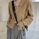 Women Knitted Cardigan Retro Plaid Double Zipper Lapel Knitted Cardigan Sweater Coat