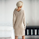 Women Knitted Sweater V-neck Solid Color Long Sleeve Lace Stitching Woolen Skirt