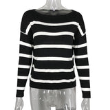 Women Knitted Sweater Loose Outer Wear Long Sleeve Sweater Crew Neck Striped Sexy Shoulder-Baring Sweater
