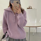 Women Knitted Pullover Autumn Zipper and Lapel Sweater Loose Long Sleeve Knitwear Top