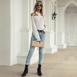 Women Knitted Sweater Autumn Knitted Pullover Solid Color Hollow out Shoulder-Baring Sweater