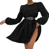 Women Dress Elegant Puff Sleeve round Neck Slim Fit Dress