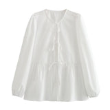 Women Tops Summer Puff Sleeve Bow Lace-up Shirt Mid-Length Top