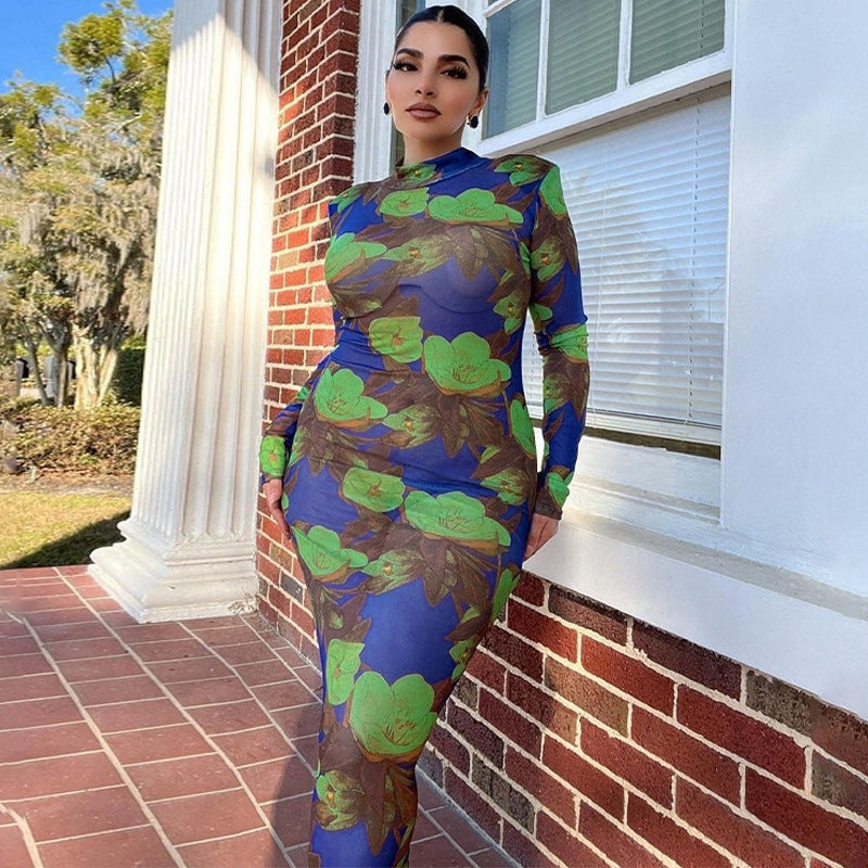 Women Dresses Summer Sexy Mesh Floral Print Slim Fit Long Sleeve Dress