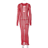 Women Dresses Winter Sexy Cutout Ripped Wool Long Sleeve Dress