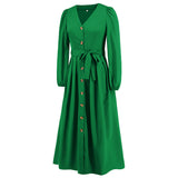 Women Date Dress Single-Breasted Cardigan Skirt V-neck Bubble Long Sleeve Dress