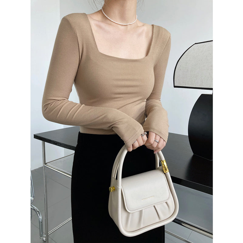 Women T Shirt Long Sleeve Square-Neck T-shirt Women's Slim Top Bottoming Shirt
