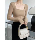 Women T Shirt Long Sleeve Square-Neck T-shirt Women's Slim Top Bottoming Shirt