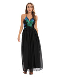 Women's Evening Gown Sexy Backless Spaghetti Straps Sequins Dress Gown