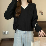 Women Knitted Pullover Fall V-neck Knitwear Loose Long Sleeve Top