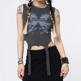 Women T-shirt Butterfly Print Slim-Fit Ribbon Thread Vest