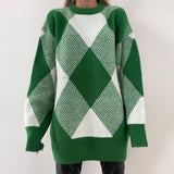 Ladies Leisure Knitwear Half Turtleneck Pullover Sweater Loose Green Diamond Lattice Sweater