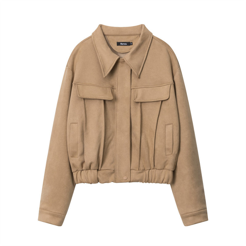 Women Jacket Wrinkle Short Coat Casual Faux Pocket Decorative Solid Color Jacket