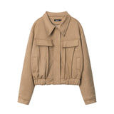 Women Jacket Wrinkle Short Coat Casual Faux Pocket Decorative Solid Color Jacket