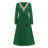 Women Date Dress Autumn and Winter V-neck Lace Pleated Lace-up Long Dress