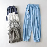 Women Sweatpants Ripped Leisure Sports Pants Loose Close up Ankle-Tied Sweatpants