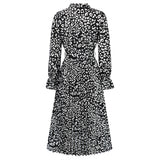 Women Date Dress Leopard Print Stud for Autumn and Winter Stand Collar Long Sleeve Dress Pleated Dress