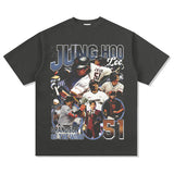 Mens Vintage baseball T-Shirt Jung Hoo Lee Printed Short Sleeve T-Shirt Vintage Wash Loose Casual