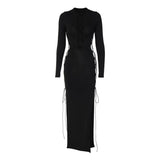 Women Dresses Autumn Sexy Hollow out Split Long Sleeve Dress (Bla0420)