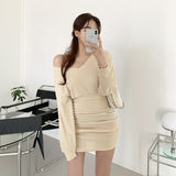 Women Dresses V-neck off-Shoulder Dress Long Sleeve Short Dress Sexy