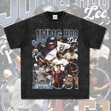 Mens Vintage baseball T-Shirt Jung Hoo Lee Printed Short Sleeve T-Shirt Vintage Wash Loose Casual