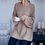 Women Knitted Sweater Autumn Crew Neck Mid-Length Loose Solid Color Batwing Sleeve Sweater