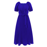 Women Date Dress Summer V-neck Puff Sleeve Lace-up Pleated Dress